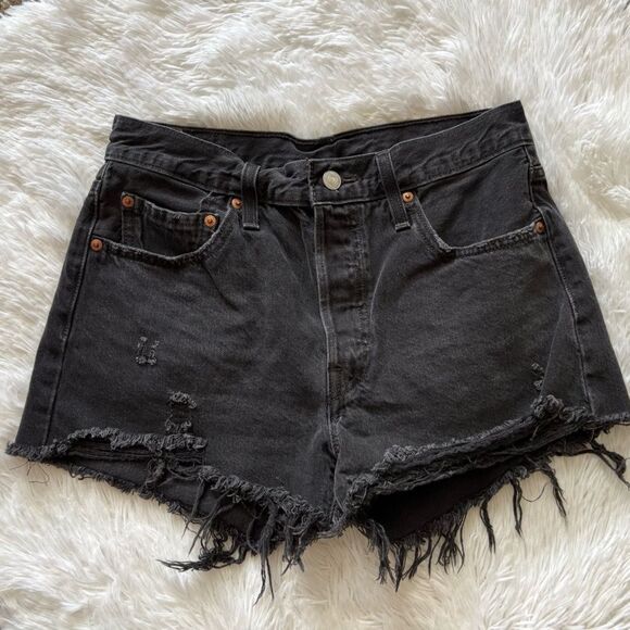 Levi’s 501 Jean Shorts Button Fly Distressed Black Womens Size 28 - Picture 2 of 9